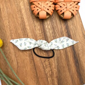 White with Blue Mini Floral Knotted Hair Tie - Girl&#39;s Hair Accessory