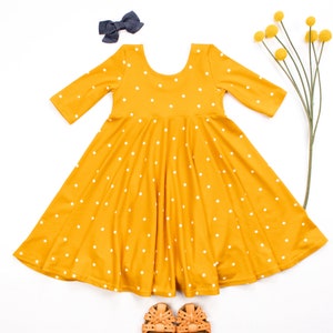 Mustard with Stars Twirly Dress Gift for Girls Circle Skirt Ballet Neckline image 9