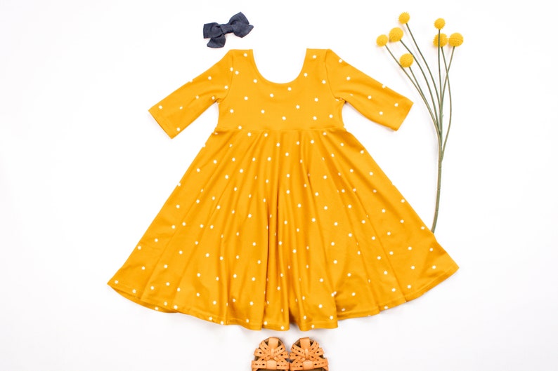 Mustard with Stars Twirly Dress Gift for Girls Circle Skirt Ballet Neckline image 9