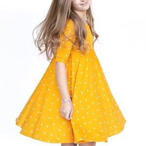Mustard with Stars Twirly Dress Gift for Girls Circle Skirt Ballet Neckline image 3