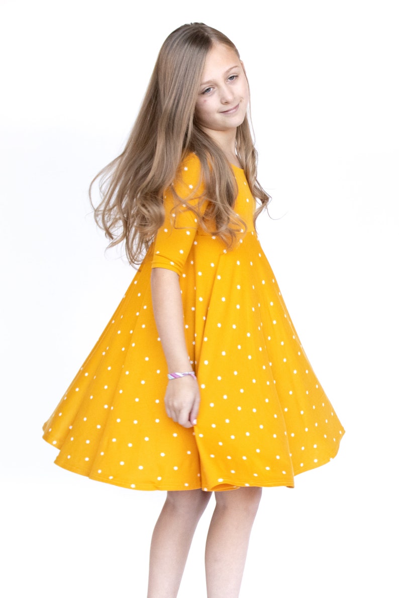 Mustard with Stars Twirly Dress Gift for Girls Circle Skirt Ballet Neckline image 3