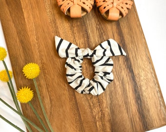 Matching White with Black Stripes Bow Scrunchie - Super Soft Elastic Hair Tie - Top Knot Hair Accessory