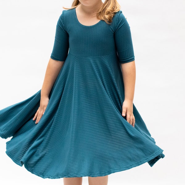 Teal Ribbed Knit Twirl Dress - Gift for Girls - Circle Skirt - Ballet Neckline