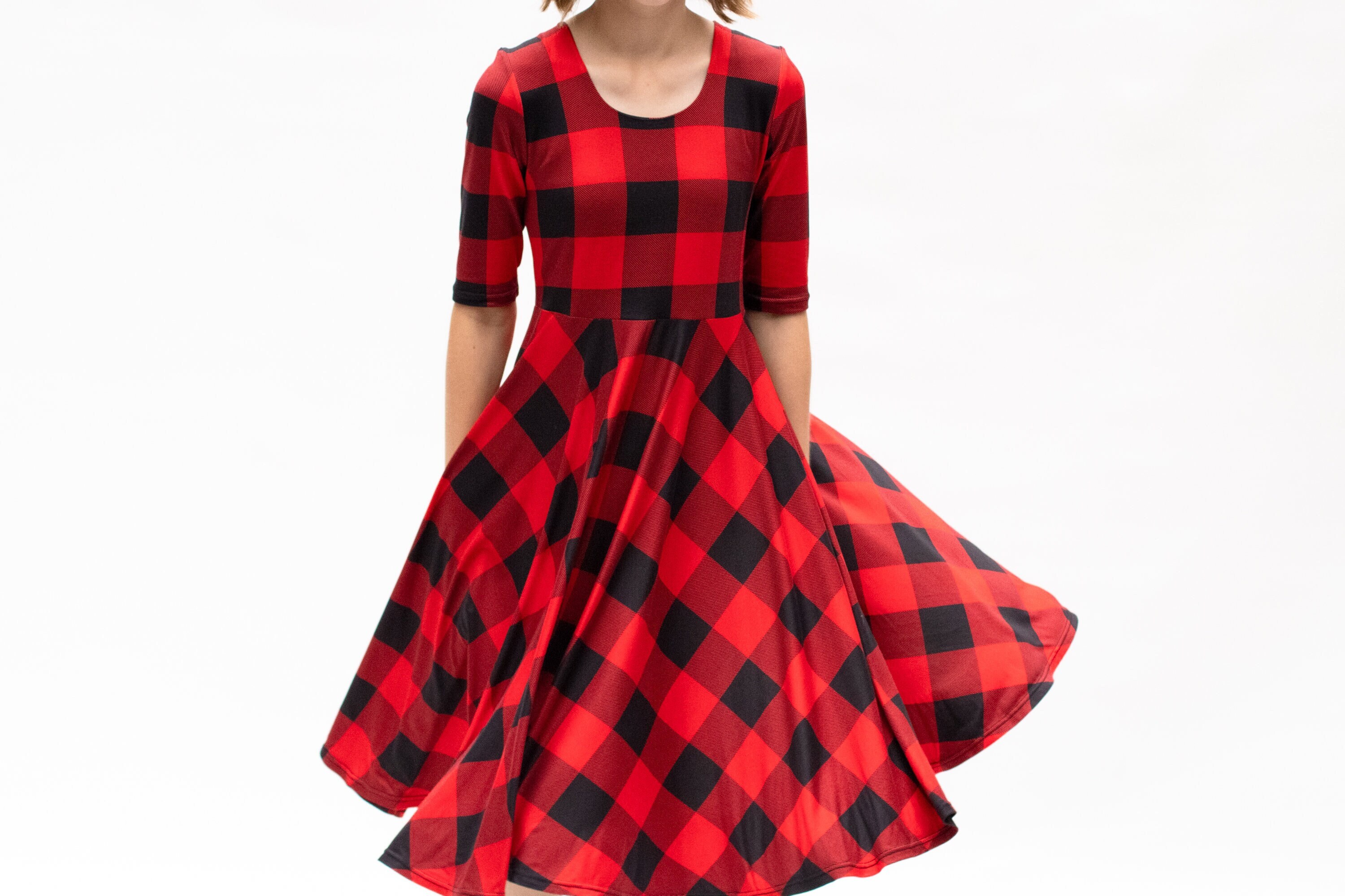 Red Buffalo Plaid Twirl Dress Gift for Girls Circle Skirt Ballet Neckline Etsy