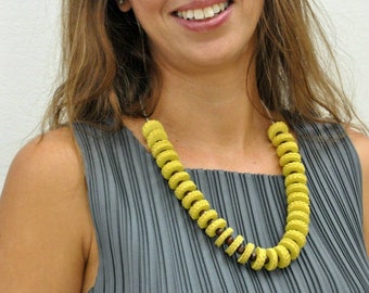 Yellow Statement Necklace, Flower Bead Necklace, Paper Necklace, Paper Bead Necklace, Handmade Paper Jewelry, Eco Friendly Necklace, Chunky