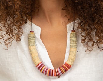 Red, Pink, Orange, Yellow, White paper necklace.