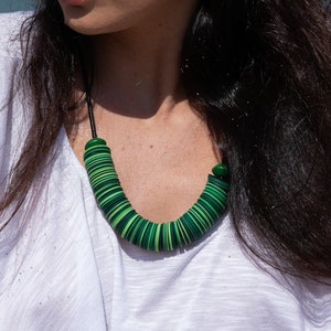 Paper Bead Necklace,  Recycled Necklace, Sustainable Necklace, Paper Jewelry, Green Statement Necklace, Long Green Necklace, Eco Friendly