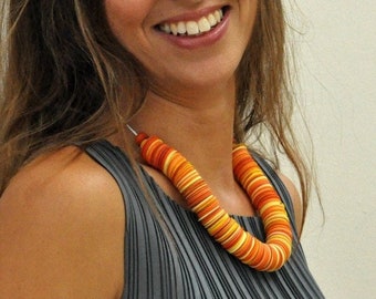 Orange Statement Necklace, Paper Bead Necklace, Handmade Jewelry, Recycled Jewelry, Chunky Bid Necklace, Unique Necklace for Women, OOAK