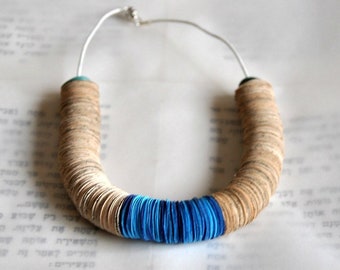 Blue Statement Paper Necklace, Sustainable Handmade Jewelry Inspired by Books, Ideal Reader Gift