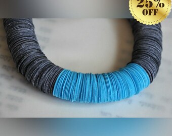 Blue Paper Necklace, Paper Art Jewelry, Colorful Retirement Necklace Gift, Blue Statement Necklace, Color Black Necklace, Handmade Necklace