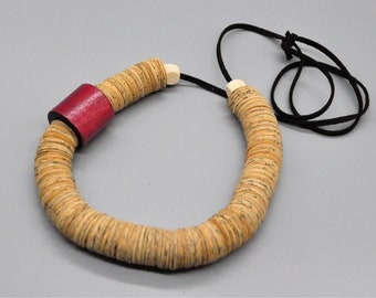 Bohemian Beige Paper Bead Necklace, Eco-friendly Handmade Jewelry