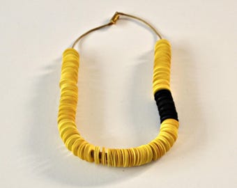 Upcycled Black Yellow Paper Bead Necklace, Handcrafted Statement Piece