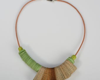 Recycled Book Paper Necklace: Green Asymmetric Paper Disc's Eco-Friendly Jewelry