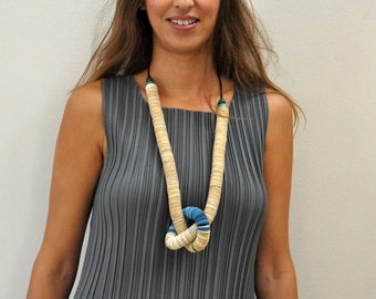 Long  Knot Necklace with shades of blue paper