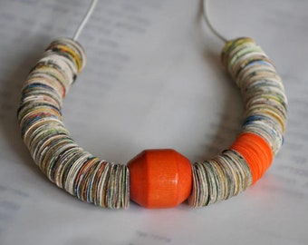 Chunky Bead Necklace, Orange Bead Necklace, Paper Bead Necklace, Recycled Jewelry, Bohemian Necklace, Avant Garde Necklace, Statement