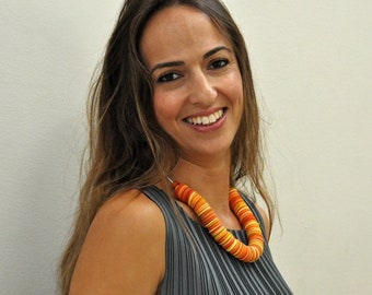 Orange Bead Statement Necklace - Bold Chunky Recycled Jewelry