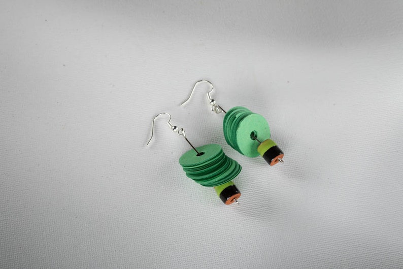 Boho Green Earrings, Green Statement Earrings, Paper Earrings, Paper Jewelry, Paper Bead Earrings, Avant Garde Earrings, Long Green Earring image 2