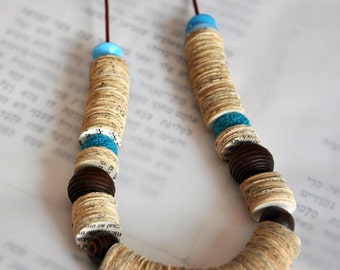 Book paper necklace, Brown and Turquoise Statement necklace.