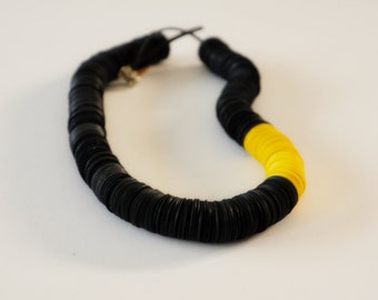 Yellow Black Necklace, Paper Bead Necklace, Handmade Paper Jewelry, Unique Statement Necklace, Long Bohemian Necklace, Recycled Necklace