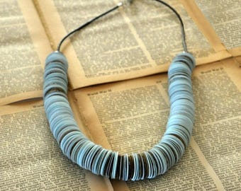 Blue Paper Disc Necklace, Upcycled Book Paper, Boho Jewelry