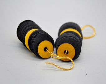 Black and Yellow Earrings, Paper Earrings, Book Paper Art, Paper Jewelry, Paper Bead Earrings, Eco Friendly Jewelry, Upcycled Earrings
