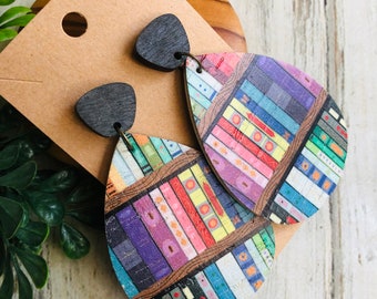 Leather cork book shelf wood dangles/book earrings/book lovers/book jewelry/book dangles/chubby teardrop dangle/colorful book earring/book