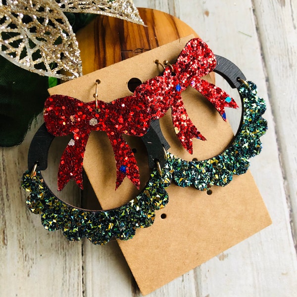 Green Glitter Acrylic Drop Earrings with Red Glitter Bow main image 1