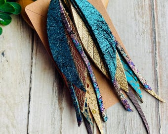 Gold teal Purple oil spill  printed feather leather hoop earring/boho leather dangle earring/long leather earring/gold teal feather earring