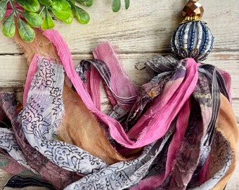 romantic boho seeded crystal colorful printed sari silk tassel necklace/long tassel necklace/sari Silk necklace/large tassel necklace/tassel