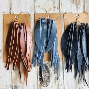 Tan brown blue pink green fringe gold hoop feather  leather earring/fringe leather earring/ long fringe earring/long feather earring