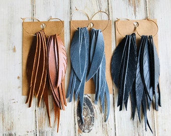 Tan brown blue pink green fringe gold hoop feather  leather earring/fringe leather earring/ long fringe earring/long feather earring