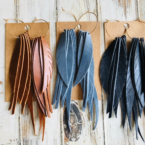 Tan brown blue pink green fringe gold hoop feather  leather earring/fringe leather earring/ long fringe earring/long feather earring