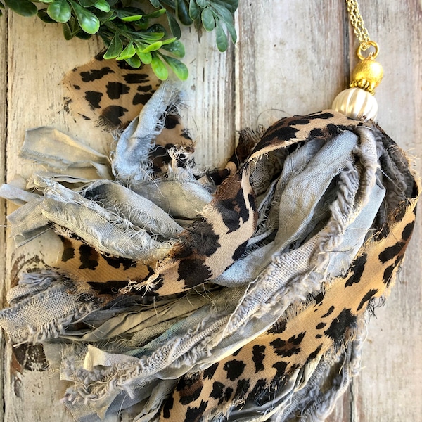 Gold pearl shabby chic leopard sari silk tassel necklace/sari Silk necklace/Artic grey blue sari silk tassel/pearl gold tassel/long tassel