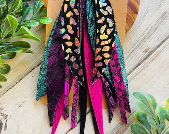 Purple black pink teal printed feather leather hoop earring/boho leather dangle earring/long leather earring/purple feather earring