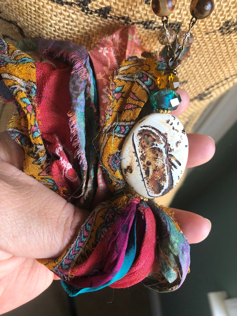 Boho Tibetan Agate gemstone sari silk tasselboho sari silk tasselprinted tasselmulti color sari tasselagate beaded chain tasselsari
