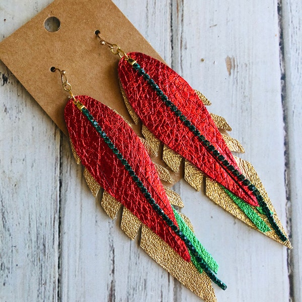 Christmas gold red green rhinestone feather earring/leather fringe earring/feather earring/Christmas feathers/Christmas earring/red green