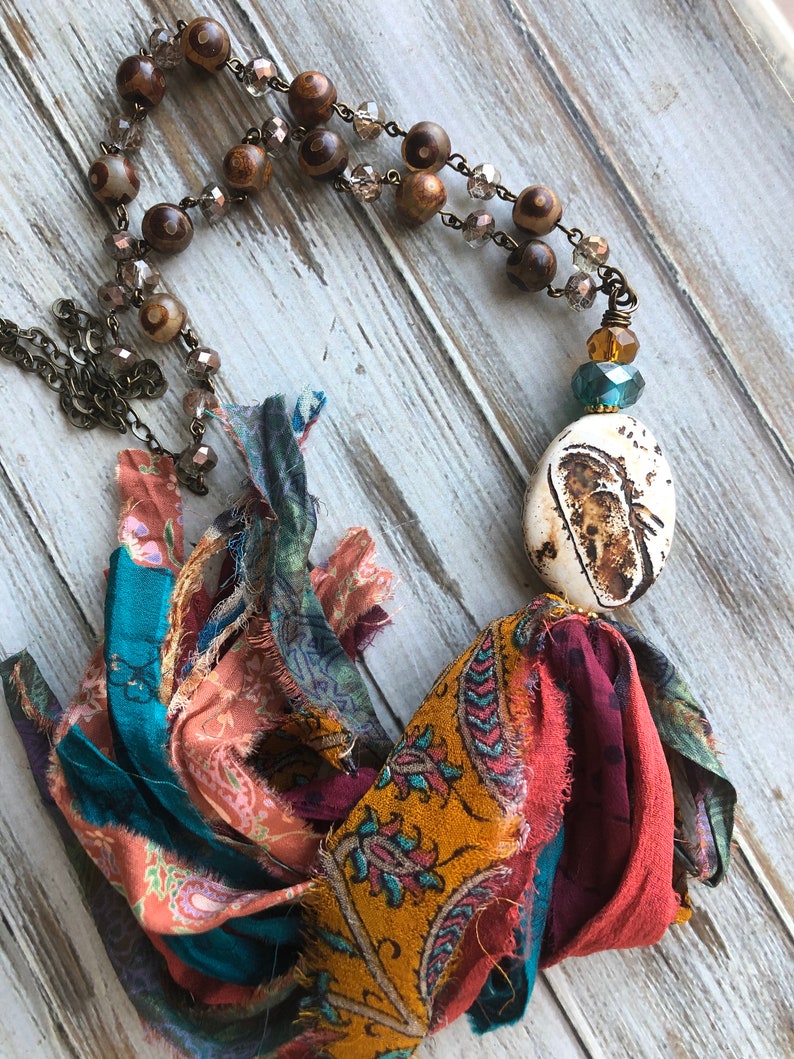 Boho Tibetan Agate gemstone sari silk tasselboho sari silk tasselprinted tasselmulti color sari tasselagate beaded chain tasselsari
