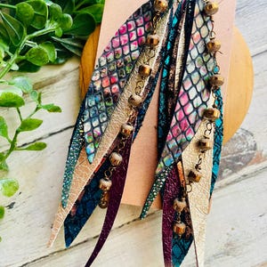 Colorful python black snake feather leather crystal orbit chain hoop earring/boho feather dangle/multi shimmer crystal feather earring/rts