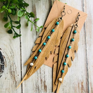 Statement pull up feather fringe turquoise beaded feather earring/statement earring/long feather earring/large feather Leather earring/ooak