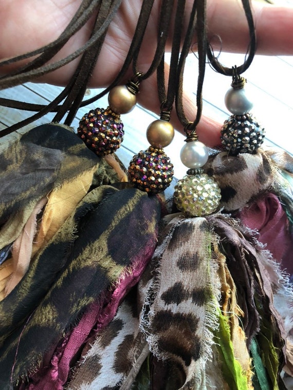 Gold Sparkle Pearl Khaki Green Leopard Sari Silk Tassel/sari Silk