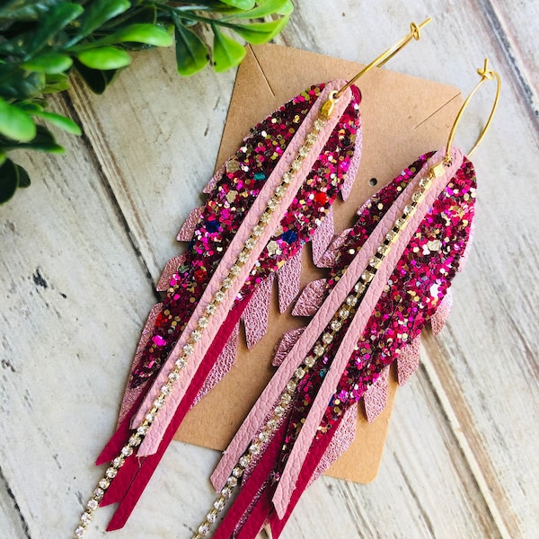 Valentine magenta confetti glitter pink bling leather feather earring/boho leather dangle earring/long leather earring/feather bling earring