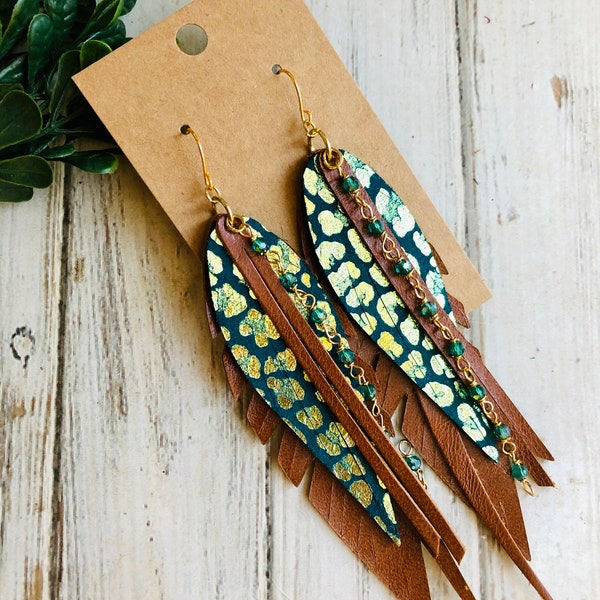 Metallic green leopard crystal fringe feather earring/statement earring/long feather earring/large feather Leather earring/ooak