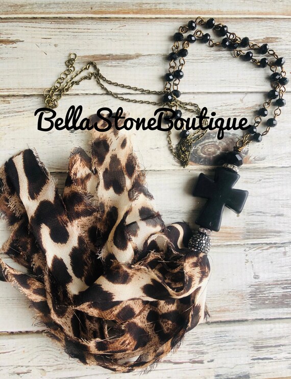 Leopard Cross Black Tassel Necklace 