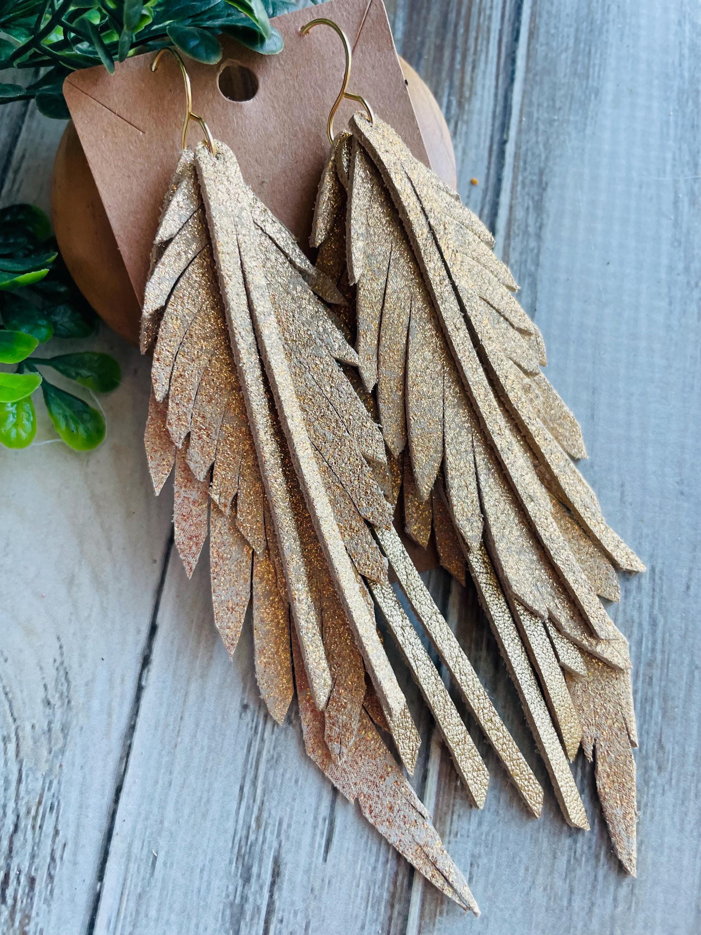 Shimmery gold large feather fringe earring/gold statement earring/long feather earring/long feather Leather earring/gold feathers