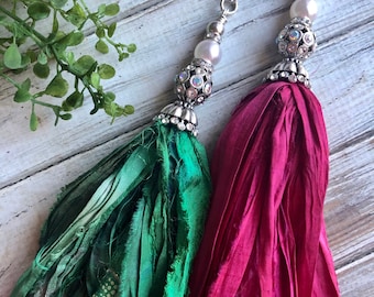 Forrest green cranberry red sari silk tassel/sari silk tassel necklace/pearl rhinestone bling necklace/tassel necklace/Valentine tassel/red