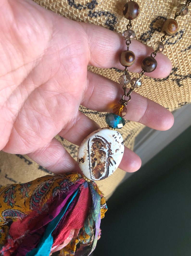Boho Tibetan Agate gemstone sari silk tasselboho sari silk tasselprinted tasselmulti color sari tasselagate beaded chain tasselsari
