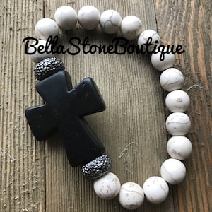 white turquoise bling black cross bracelet /stretch bracelet/cross stretch bracelet/black cross/womens cross bracelet/bling cross bracelet