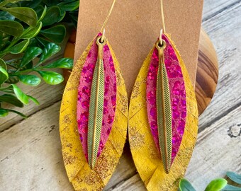 fringe mustard gold fuscia leopard turquoise feather charm earring/fringe leather earring/medium feather earring/turquoise mustard fuscia