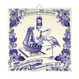 Azulejo de Nascimento Azul Delft Personalizado | Presentes para Novos Bebês | Lembranças e Memórias Preciosas para a Família e Recém-Chegados | Presente Holandês Artesanal