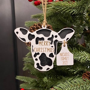 Cow Ornament, Family Name ornament, Highland Cow Lover, Dairy Cow, Homesteader ornament, Custom Christmas ornament, Last Name Ornament
